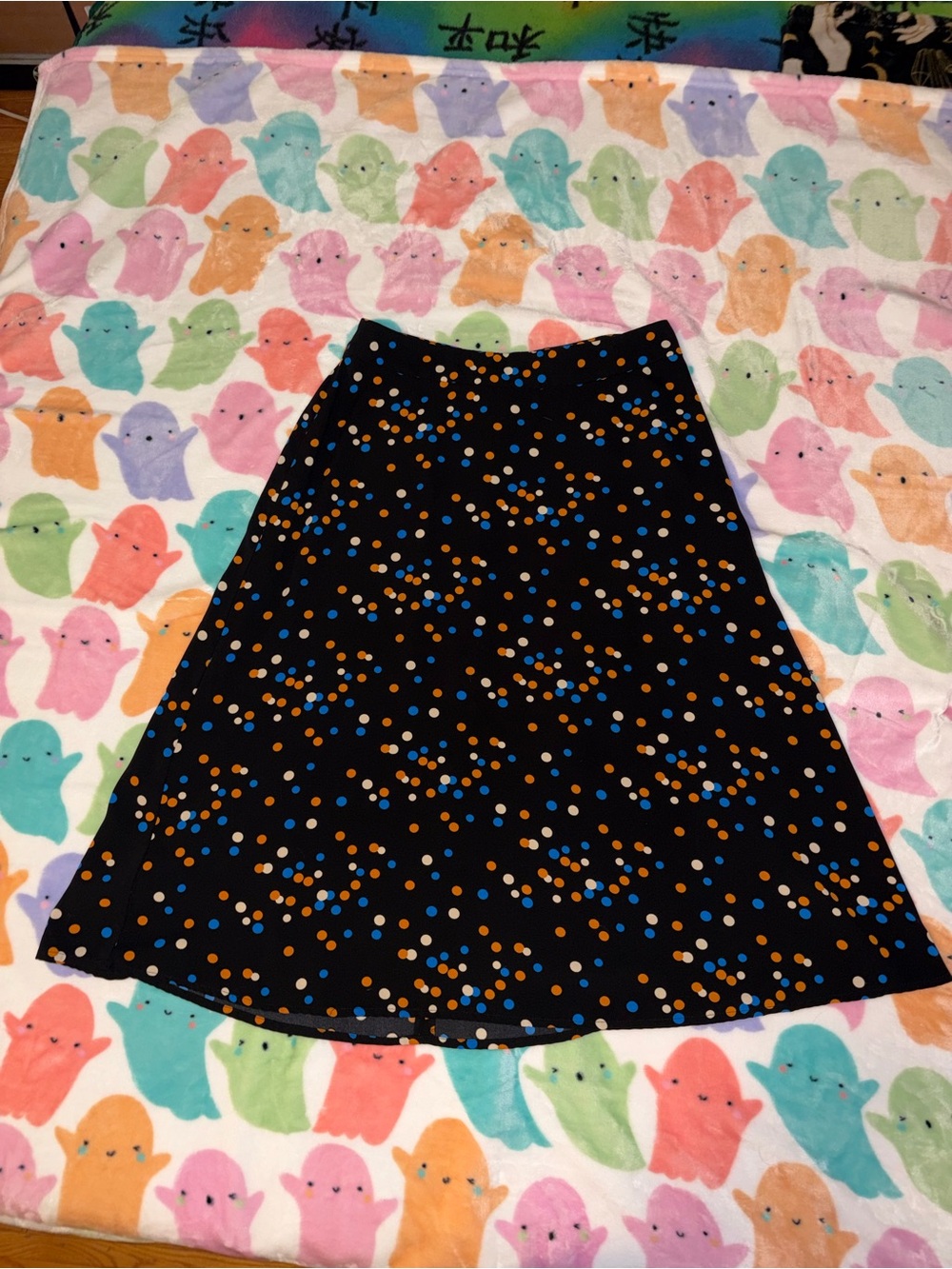 Forever 21 Black Midi Skirt with Blue and Orange Polka Dots